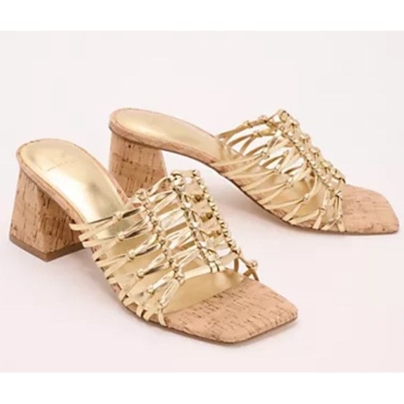 New Marc Fisher LTD Colica Leather Heeled Mules Square Toe Block Heel Gold 11M - Picture 1 of 8